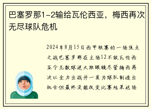 巴塞罗那1-2输给瓦伦西亚，梅西再次无尽球队危机